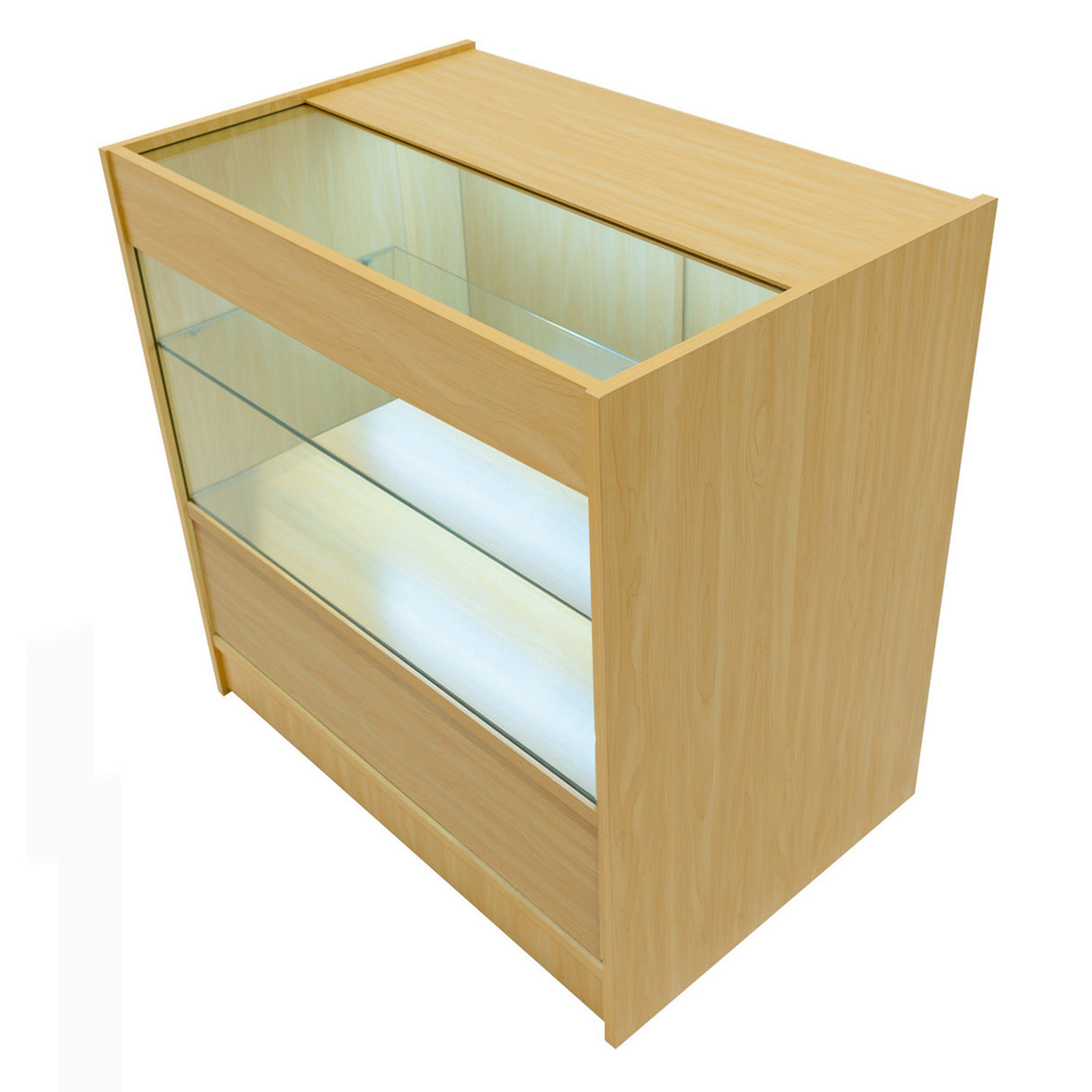 Verkaufstheke aus hellem Ahornholz mit zwei Glasregalen und LED-Beleuchtung, modern und funktional für Einzelhandelsumgebungen