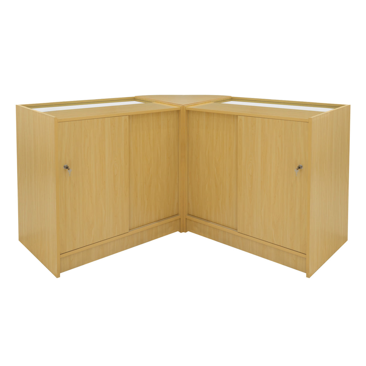 Eckverkaufsset aus hellem Ahornholz mit zwei geschlossenen Schränken und Glasoberfläche, ideal für moderne Verkaufsräume und Ausstellungen