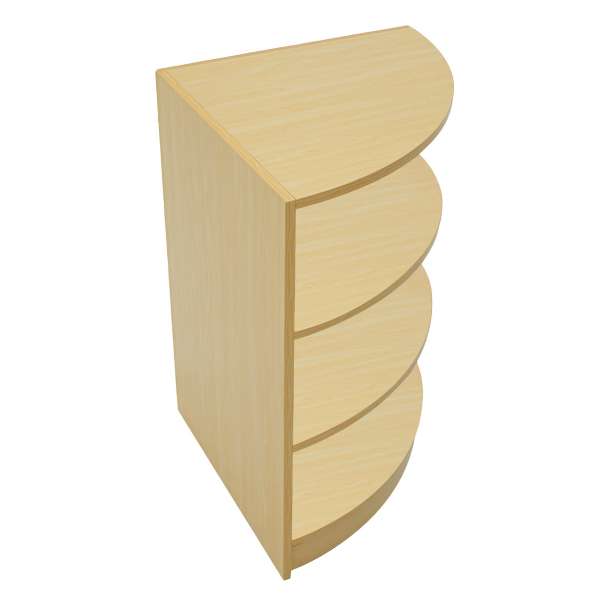 Verkaufstheke aus Ahorn mit vier abgerundeten Regalen, helles Holzfinish, moderne Form, ideal für Verkaufsräume und Ausstellungen