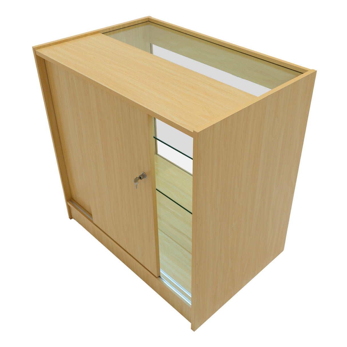 Harmonia LED Verkaufstheken-Set in hellem Ahornholz, mit gläserner Oberseite, Schiebetür und eleganten Regalen für ansprechende Produktpräsentation