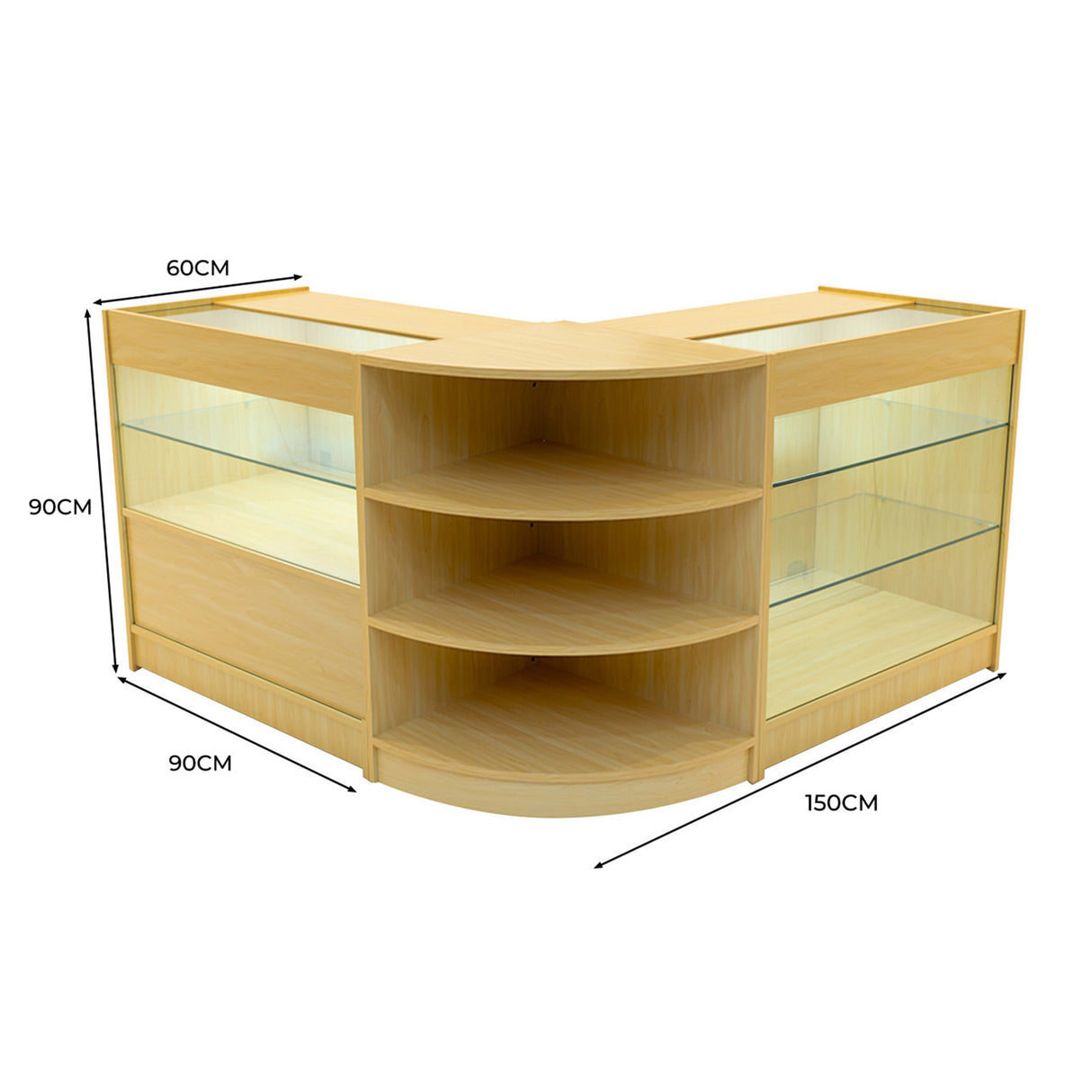 Elegantes Verkaufstheken-Set in Ahornfurnier mit Glasregalen, abgerundeten Ecken und klaren Linien, ideal für moderne Verkaufsräume