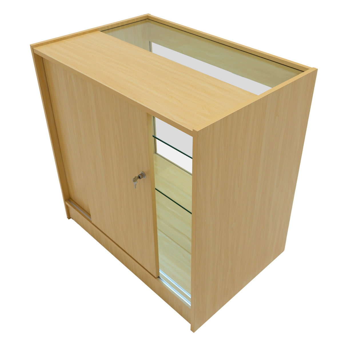Verkaufstheke aus hellem Ahornholz mit Glasoberfläche, abschließbarem Schrank und offenen Regalen für optimale Produktpräsentation