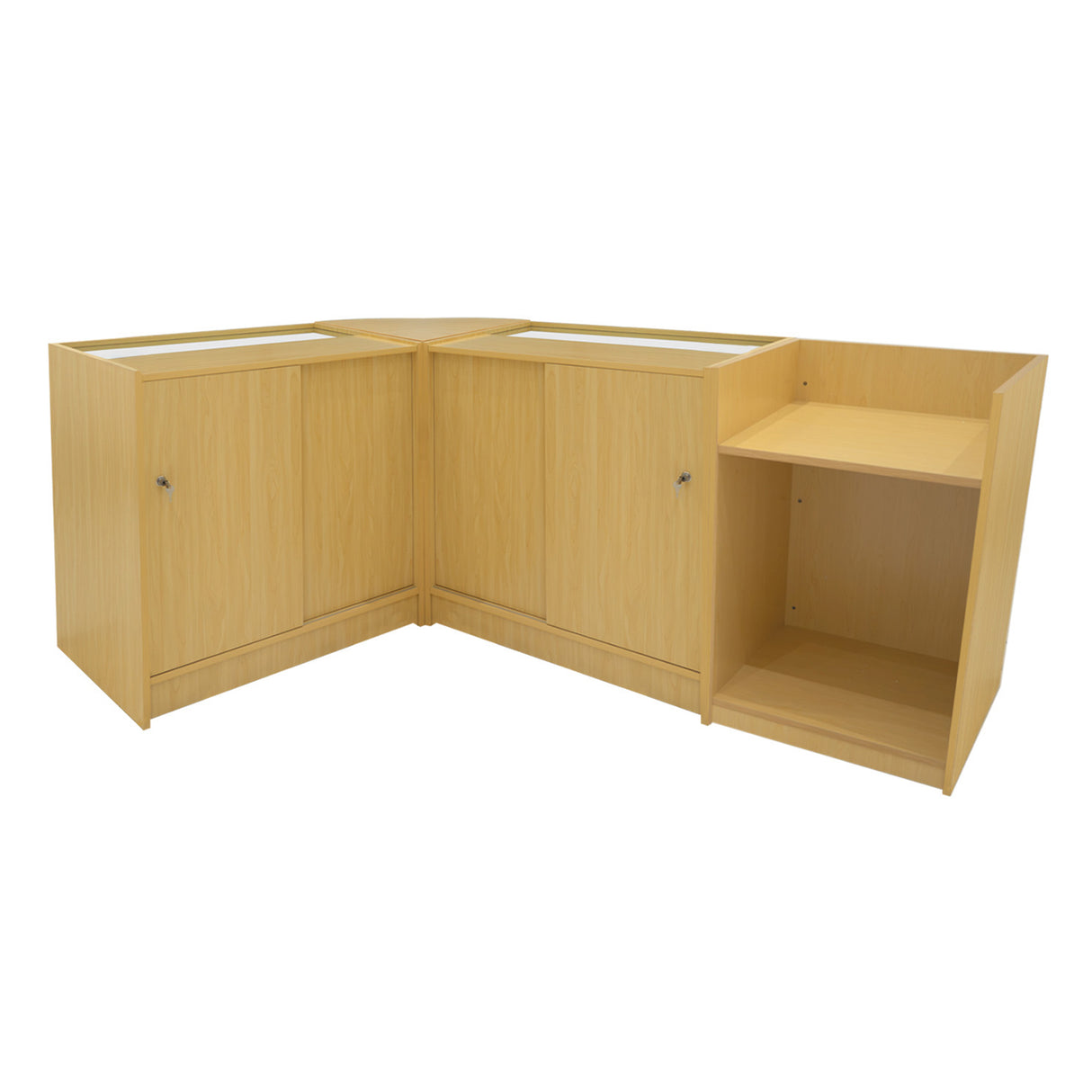 Eckverkaufsregal-Set in hellem Ahornfurnier, mit zwei geschlossenen Schränken und einem offenen Regal, ideal für Verkaufsflächen und Ausstellungen