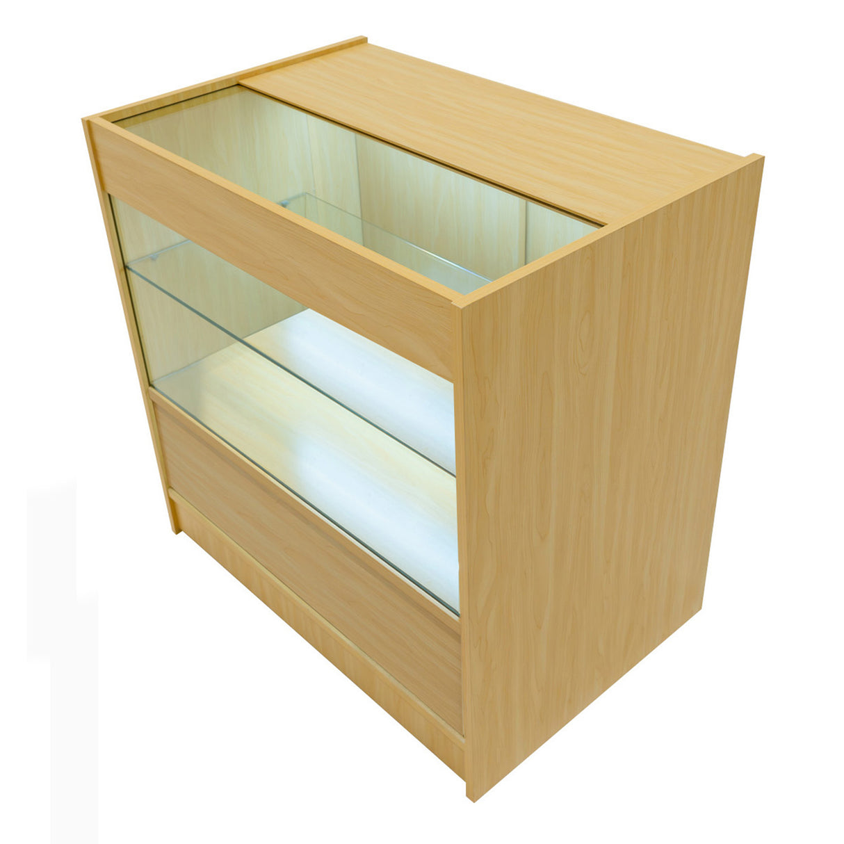 Verkaufstheke aus hellem Ahornholz mit Glasregalen, beleuchtet von unten, modern und funktional, ideal für Einzelhandelsumgebungen