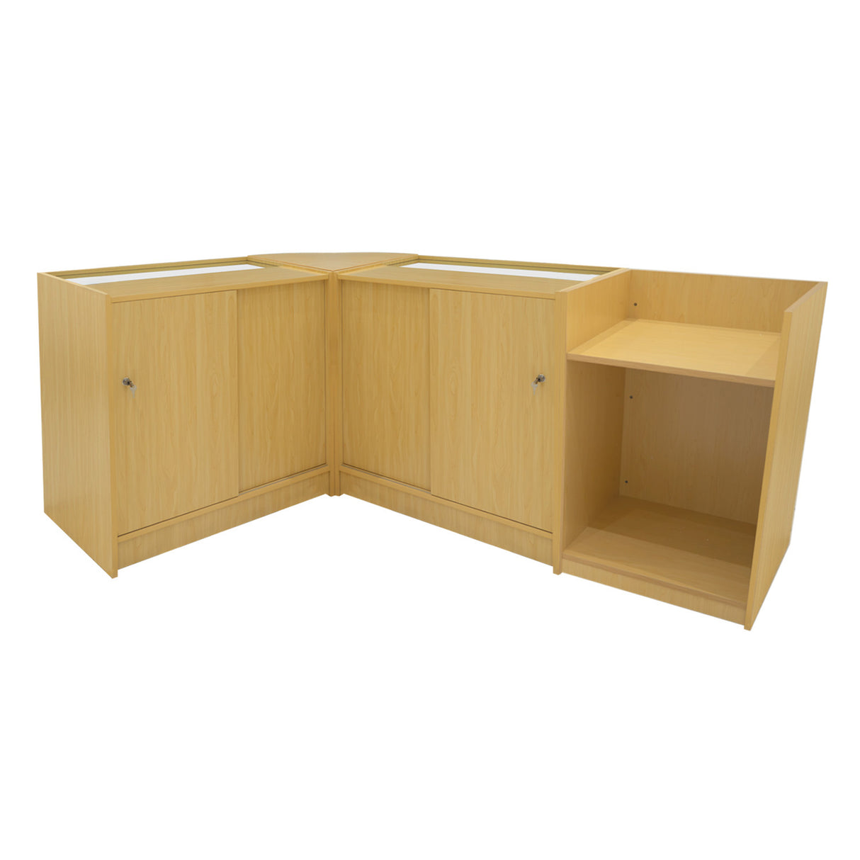 Eckverkaufsset aus hellem Ahornholz mit zwei geschlossenen Schränken und einem offenen Regal, ideal für Verkaufsflächen und Ausstellungen