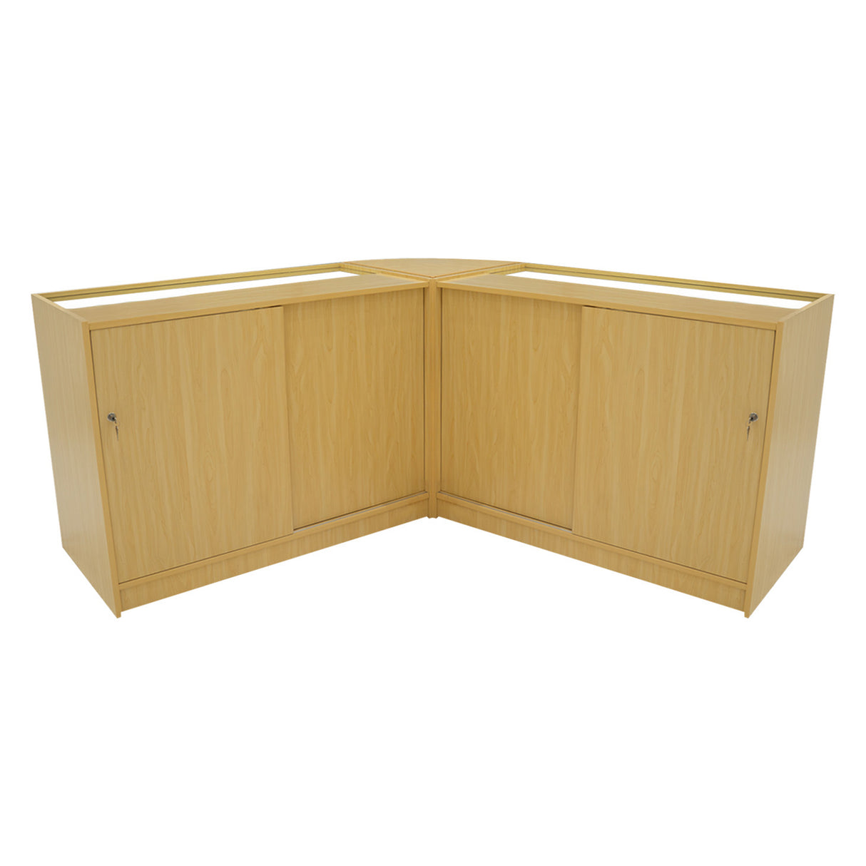 Eckverkaufsset aus hellem Ahornholz mit zwei abschließbaren Schränken, ideal für den Einzelhandel, modernes Design und praktische Nutzung
