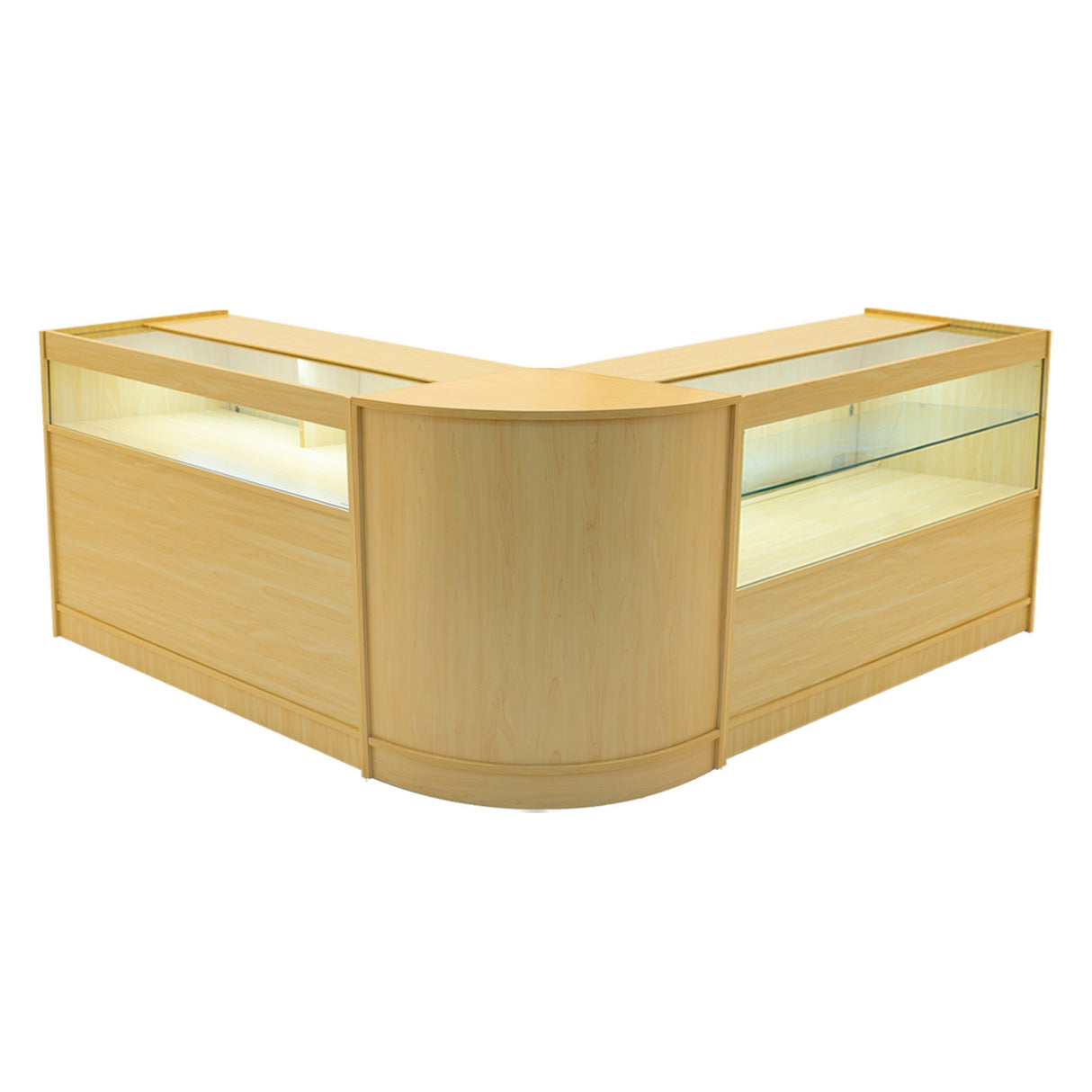 Modulares Adonis LED Ladentheke Set in hellem Ahorn mit eleganten, abgerundeten Kanten und beleuchteten Glasflächen für optimale Produktpräsentation