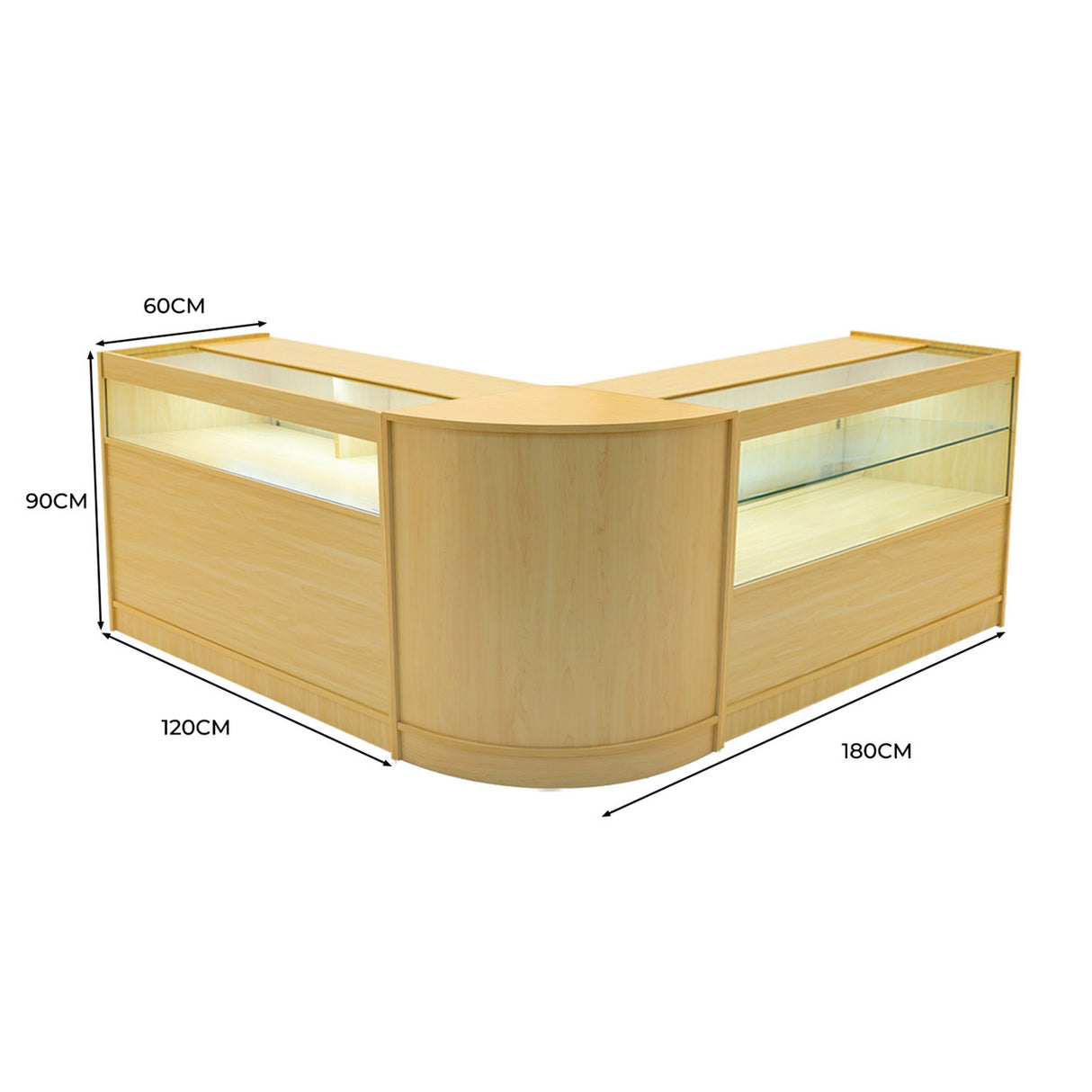 Moderne Adonis LED Ladentheke in Ahornholz, L-förmig mit Glasvitrinen, ideal für den Einzelhandel, Maße 60x120x90 cm und 180 cm Länge