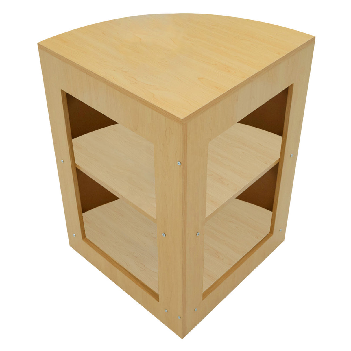 Eckige Ladentheke aus hellem Ahornholz mit zwei offenen Regalen, glatter Oberfläche und modernen, silbernen Schrauben für einen eleganten Look