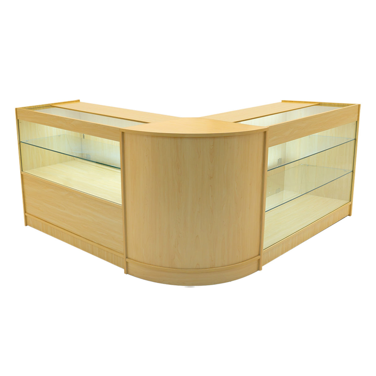 Hera LED Verkaufstheken-Set in Ahorn, elegante, abgerundete Form mit Glasregalen, ideal für den Einzelhandel, warmes Licht für ansprechende Präsentation