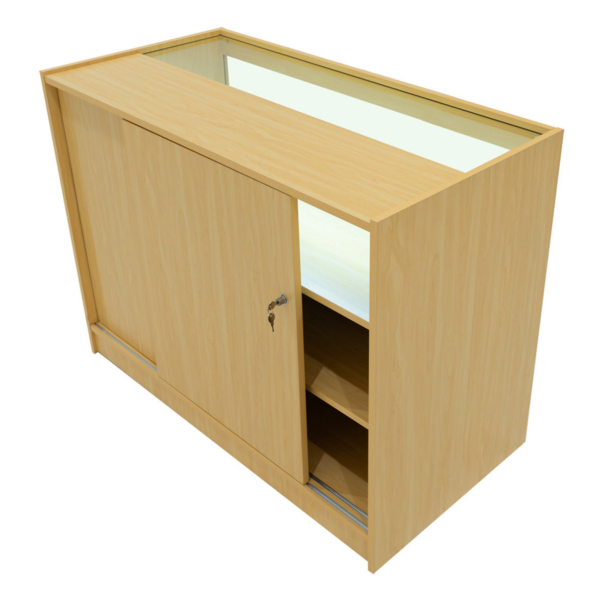 Verkaufstheke aus Ahorn mit Glastür, helles Holz, moderne Form, integrierte Beleuchtung und Stauraum für Produkte, ideal für Geschäfte