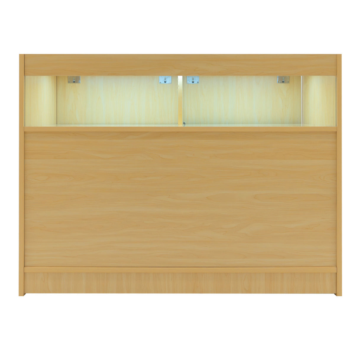 Verkaufstheke aus hellem Ahornholz mit LED-Beleuchtung, glatte Oberfläche, modernes Design, ideal für Einzelhandelsumgebungen