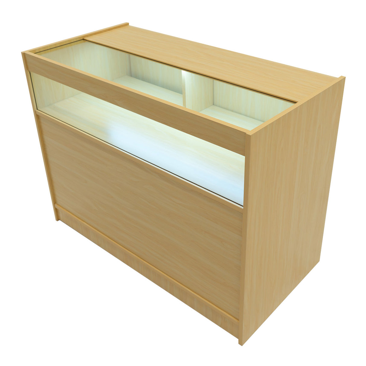 Harmonia LED Verkaufstheken-Set in hellem Ahornholz, mit gläserner Vitrine und integrierter LED-Beleuchtung für optimale Präsentation