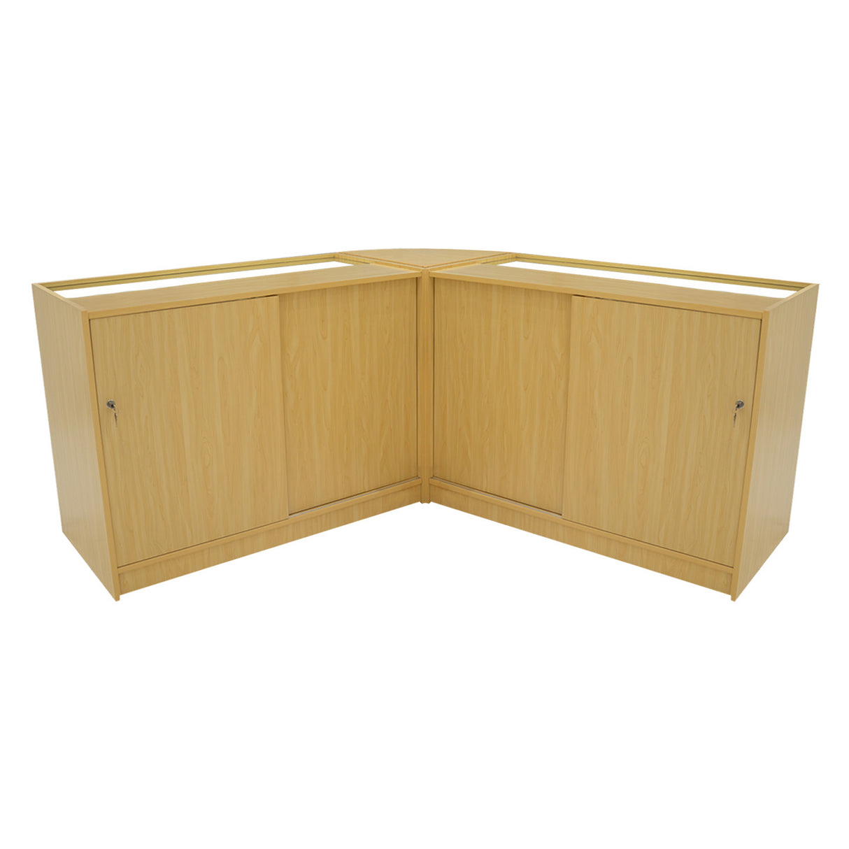 Eckverkaufstheke aus hellem Ahornholz mit zwei abschließbaren Schränken, glatten Oberflächen und modernem, funktionalem Design für Verkaufsräume