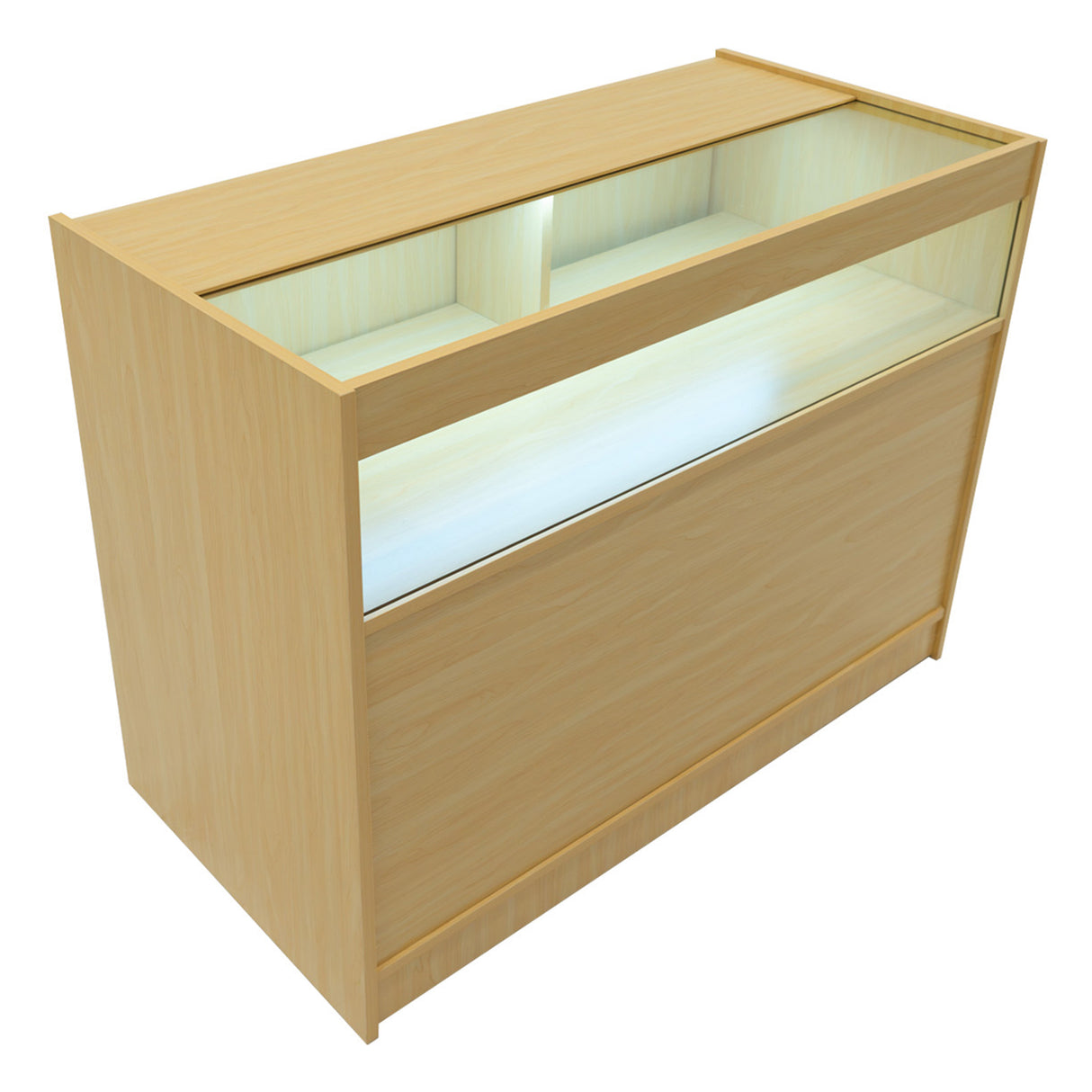 Verkaufstheke aus hellem Ahornholz mit zwei Glasvitrinen, sanft beleuchtet, modern und funktional, ideal für den Einzelhandel