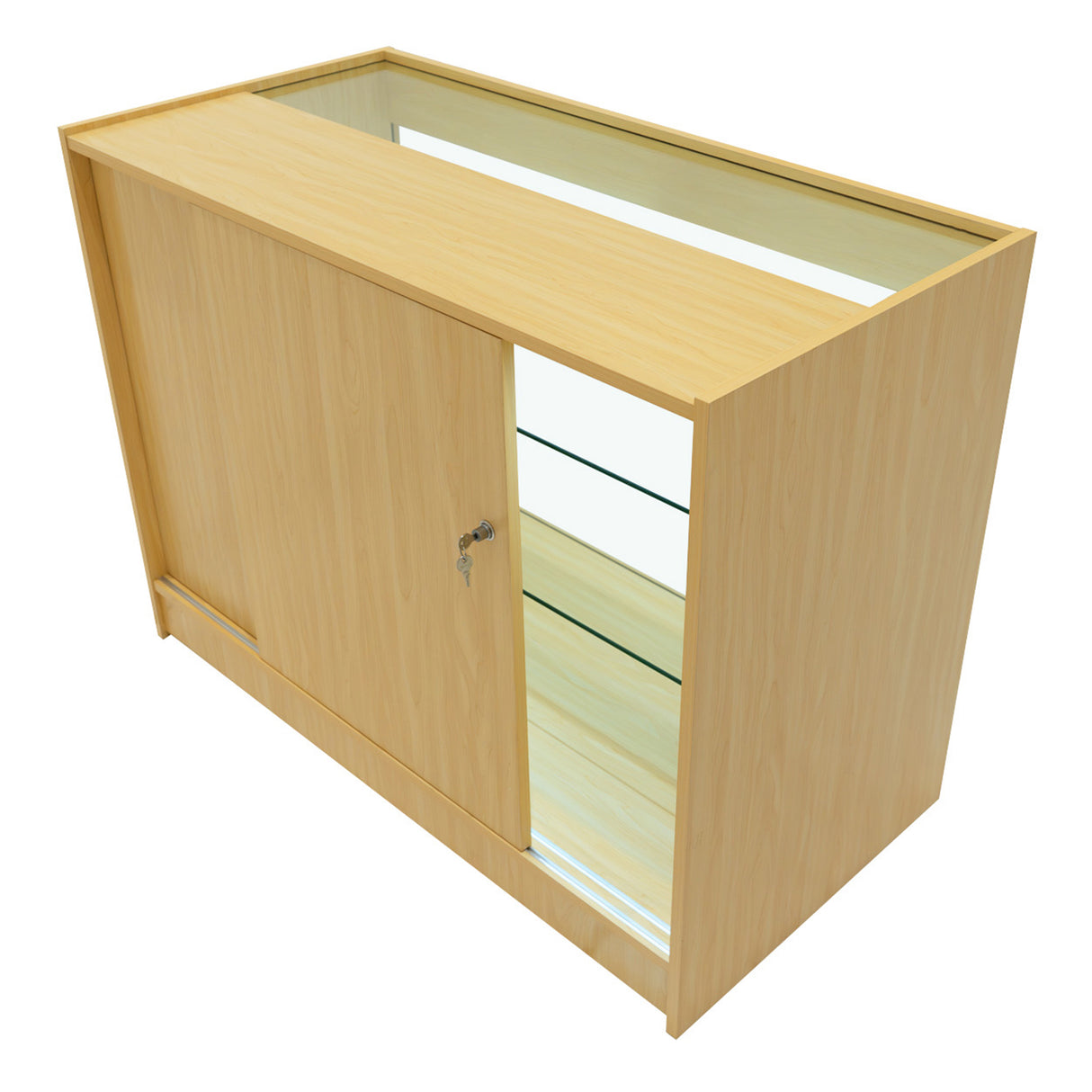 Verkaufstheke aus hellem Ahornholz mit gläsernen Regalen, abschließbarem Schrank und modernem, minimalistischen Design, ideal für Verkaufsräume