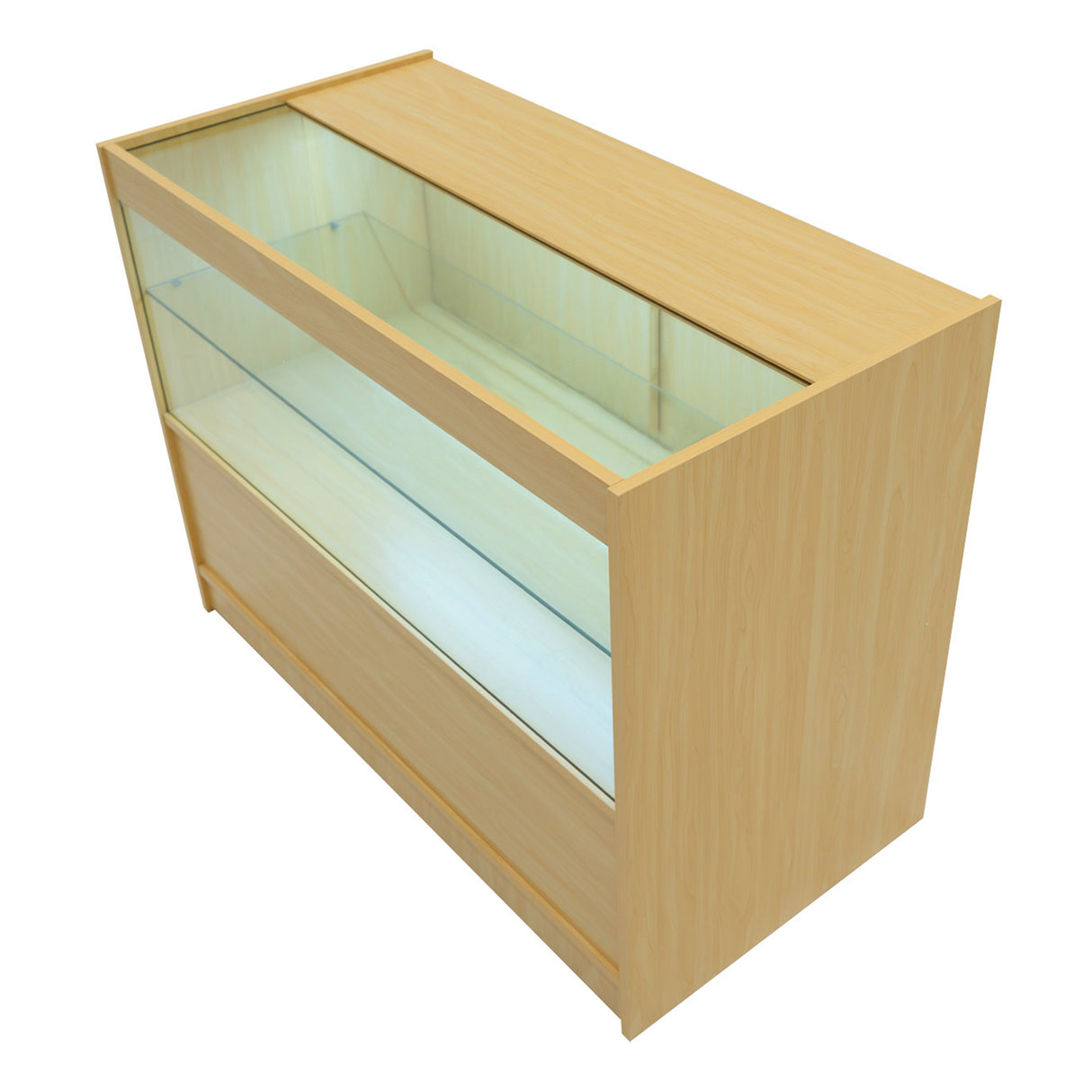 Eclipse LED Verkaufstheken-Set in Ahornoptik, mit gläserner Vitrine, zwei Regalen und modernem, minimalistischen Design für ansprechende Präsentation