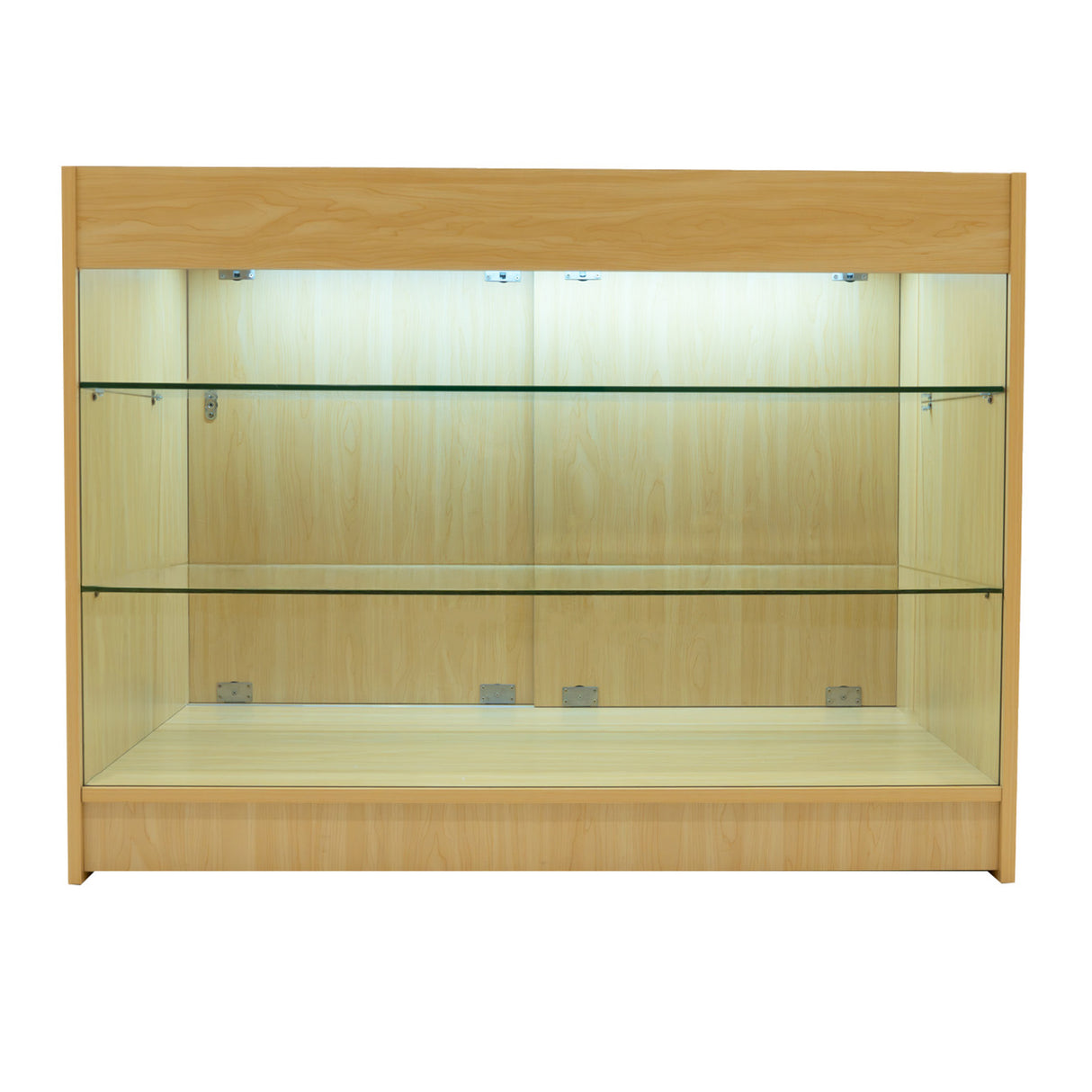 Verkaufstheke aus Ahorn mit zwei Glasregalen, beleuchtet, modern und elegant, ideal für die Präsentation von Produkten in Geschäften