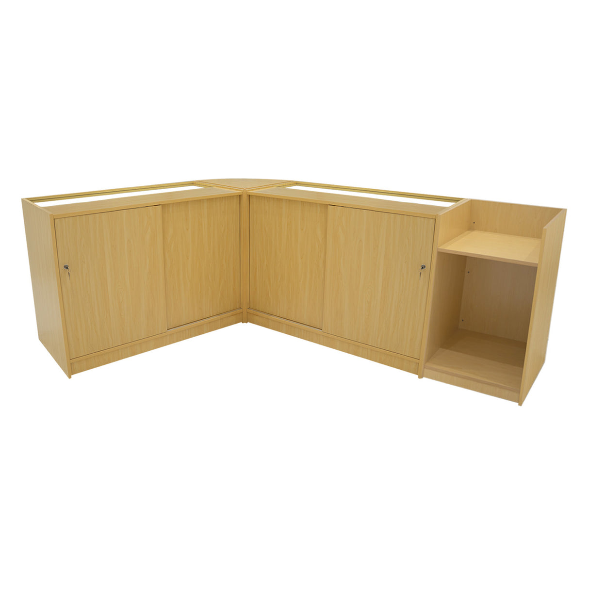 Modulares Verkaufstheken-Set in hellem Ahornholz, bestehend aus zwei großen Schränken und einem offenen Regal, ideal für Verkaufsräume und Ausstellungen
