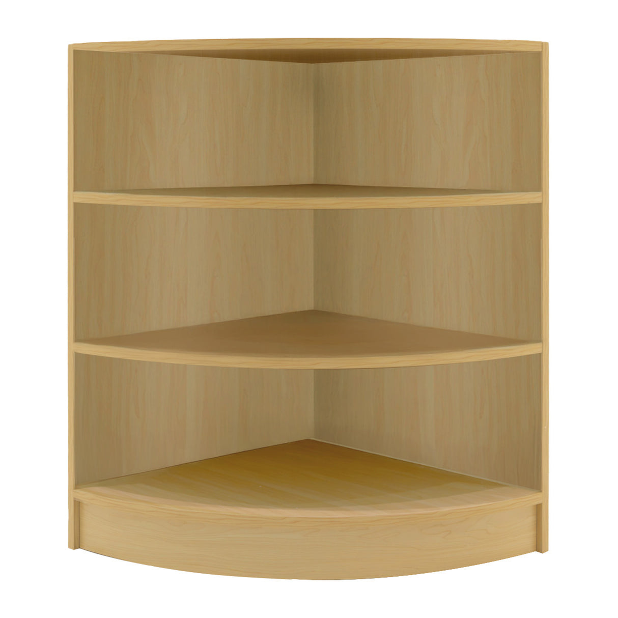 Eckregal aus hellem Ahornholz mit vier offenen Regalböden, ideal für Verkaufsräume, modernes Design, glatte Oberfläche und abgerundete Kanten