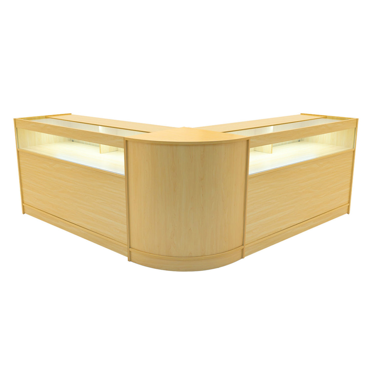 Zwei elegante Verkaufstheken aus hellem Ahornholz mit abgerundeten Kanten und integrierter LED-Beleuchtung, ideal für moderne Verkaufsräume