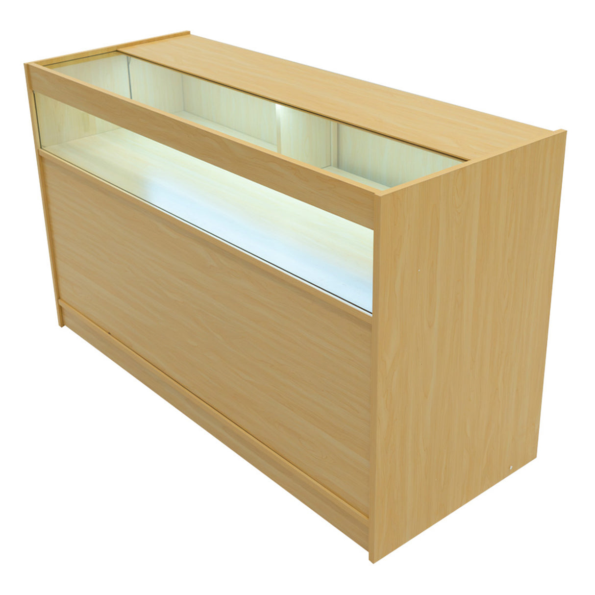 Verkaufstheke aus Ahornholz mit LED-Beleuchtung, modernem Design, glatter Oberfläche und großzügigem Stauraum, ideal für Einzelhandelsgeschäfte