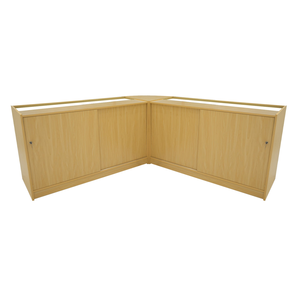 Eckverkaufstheke aus hellem Ahornholz mit glatten Oberflächen, zwei Schränken und großzügigem Stauraum, ideal für Einzelhandelsumgebungen