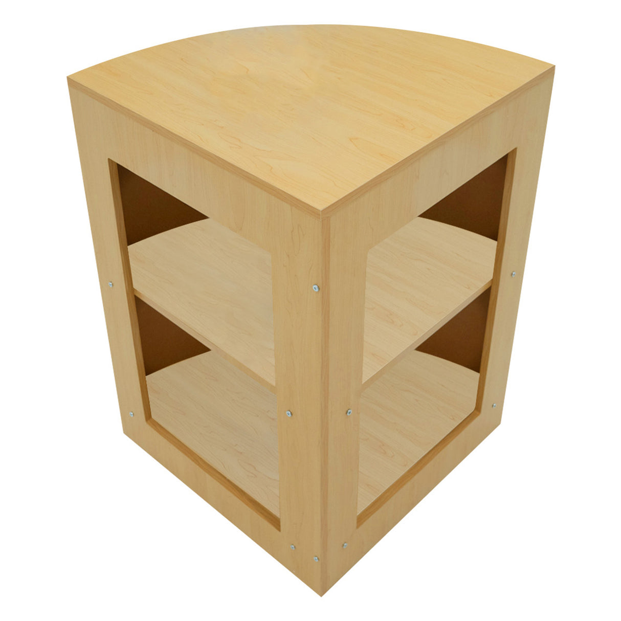 Eckige Verkaufstheke aus hellem Ahornholz mit zwei offenen Regalen, glatter Oberfläche und modernen Metallbeschlägen, ideal für Verkaufsräume