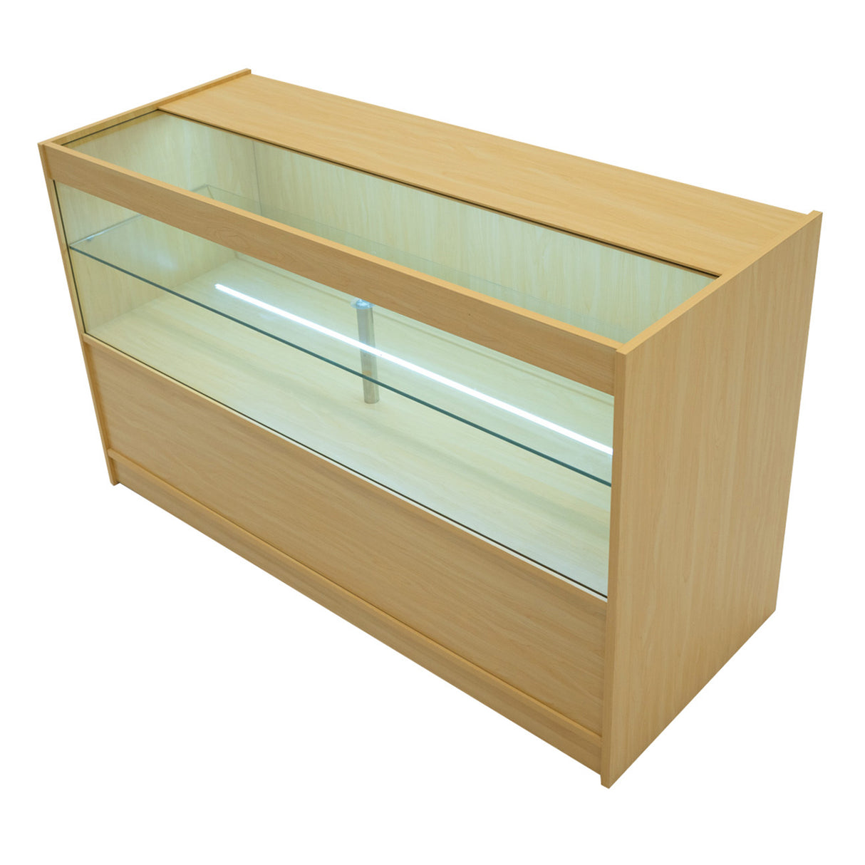 Hera LED Verkaufstheken-Set in Ahorn mit gläserner Vitrine, beleuchtet, modernem Design und glatter Holzoberfläche, ideal für Verkaufsräume