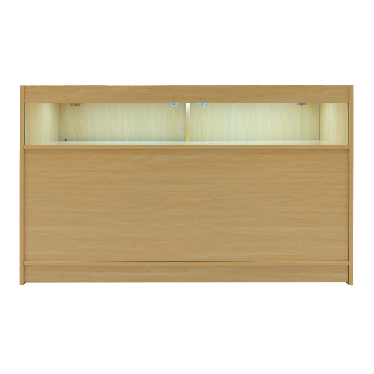 Verkaufstheke aus Ahornholz mit zwei offenen Fächern, sanft beleuchtet, glatte Oberfläche und minimalistisches Design, ideal für Verkaufsräume