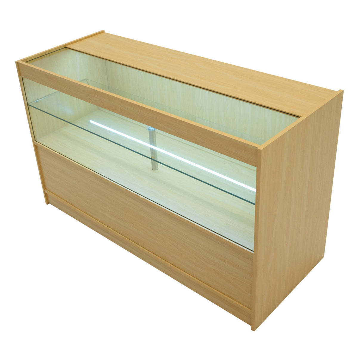 Verkaufstheke aus hellem Ahornholz mit Glasoberfläche, beleuchtet, bietet Platz für Produkte und hat eine moderne, elegante Form