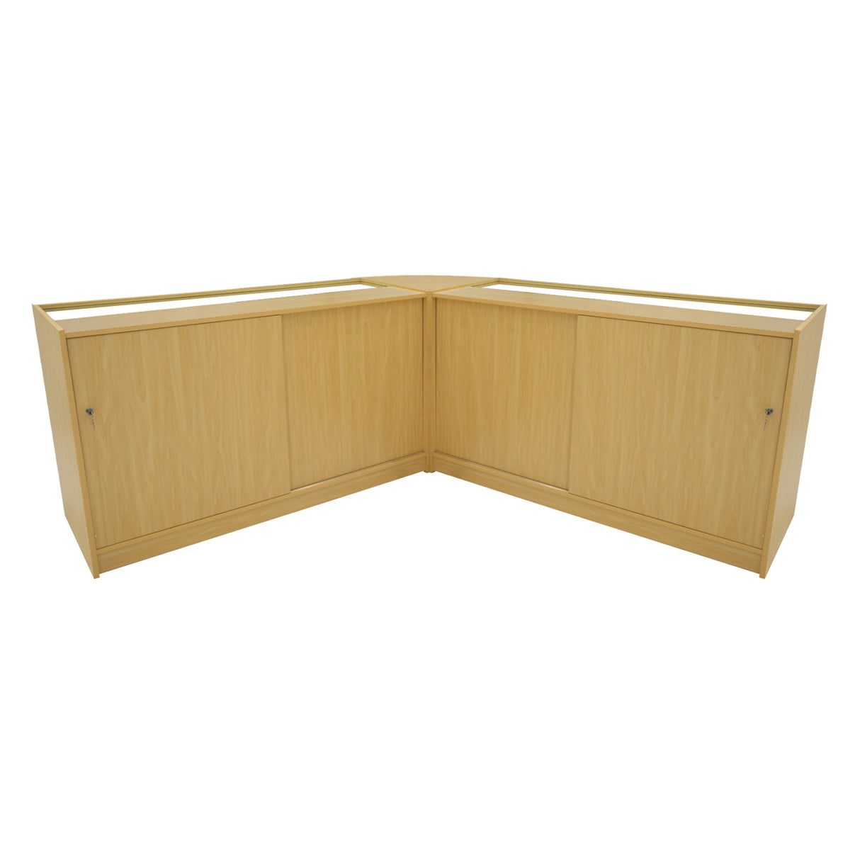 Eckverkaufstheke aus hellem Ahornholz mit glatter Oberfläche, zwei geschlossenen Fächern und eleganter, moderner Form für den Einzelhandel