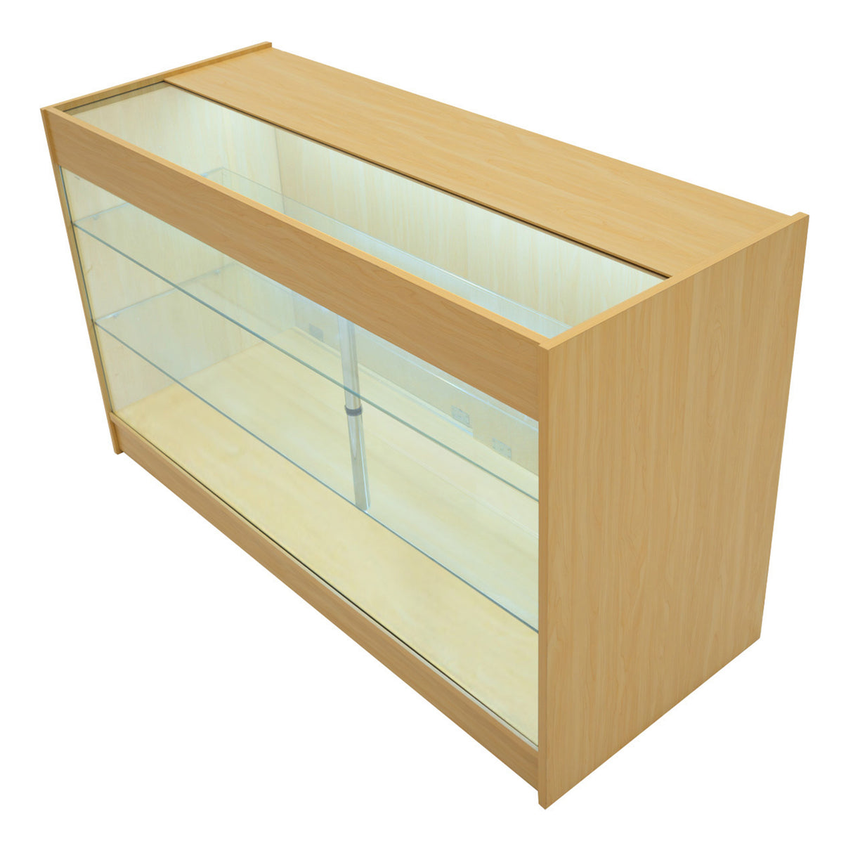 Verkaufstheke aus Ahorn mit LED-Beleuchtung, transparenten Glasregalen und modernem, minimalistischen Design, ideal für Einzelhandelsumgebungen