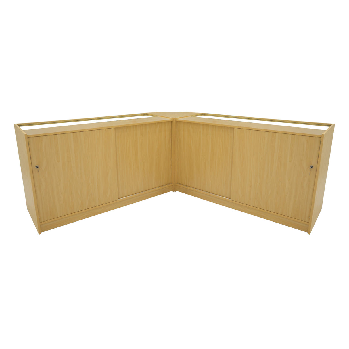 Harmonia LED Verkaufstheken-Set in Ahornfarbe, bestehend aus zwei eleganten, abgerundeten Theken mit glatten Oberflächen und praktischen Stauraumtüren