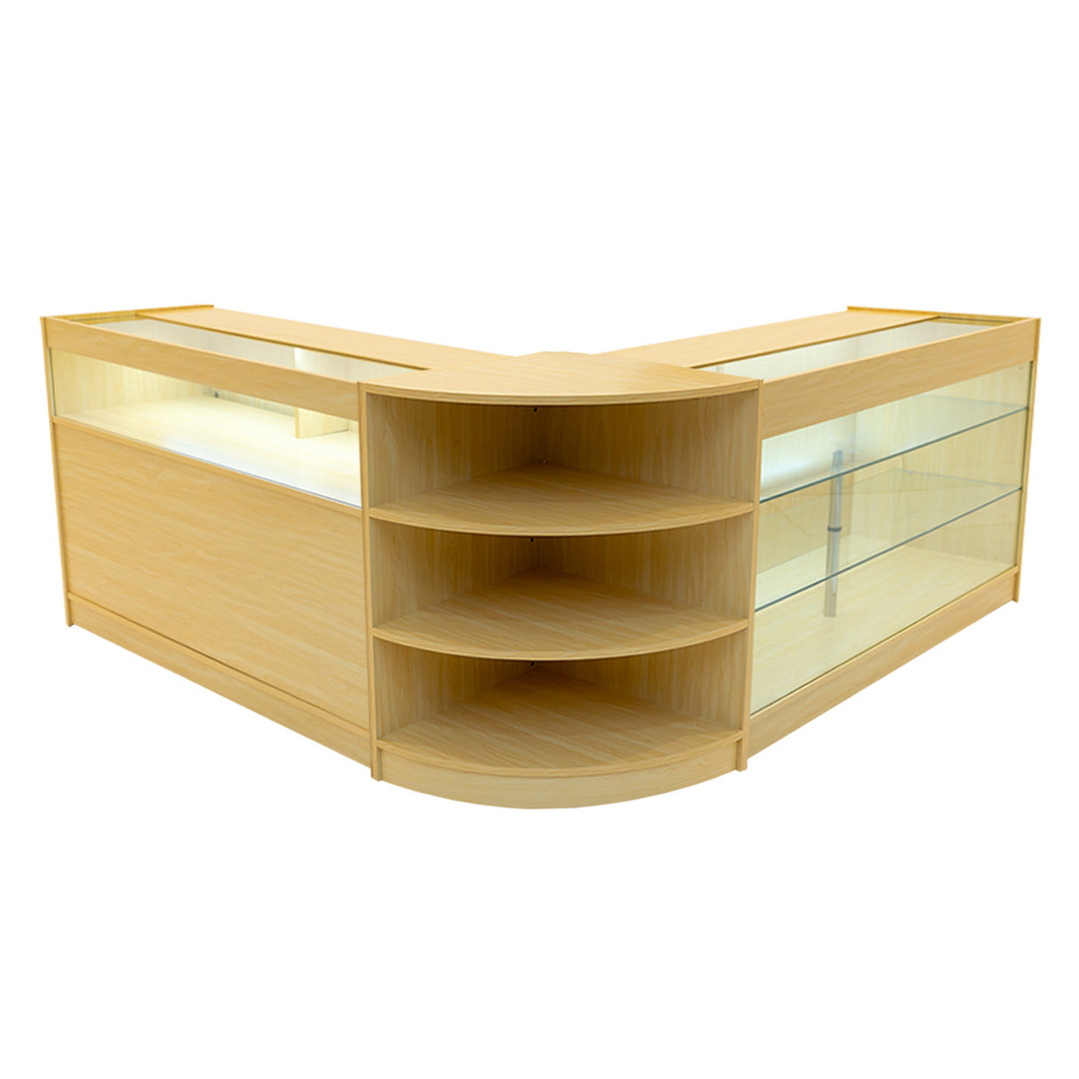 Elegantes Demeter LED Verkaufstheken-Set in hellem Ahornholz, mit klaren Glasflächen und runden Regalen für optimalen Produktausblick und Präsentation