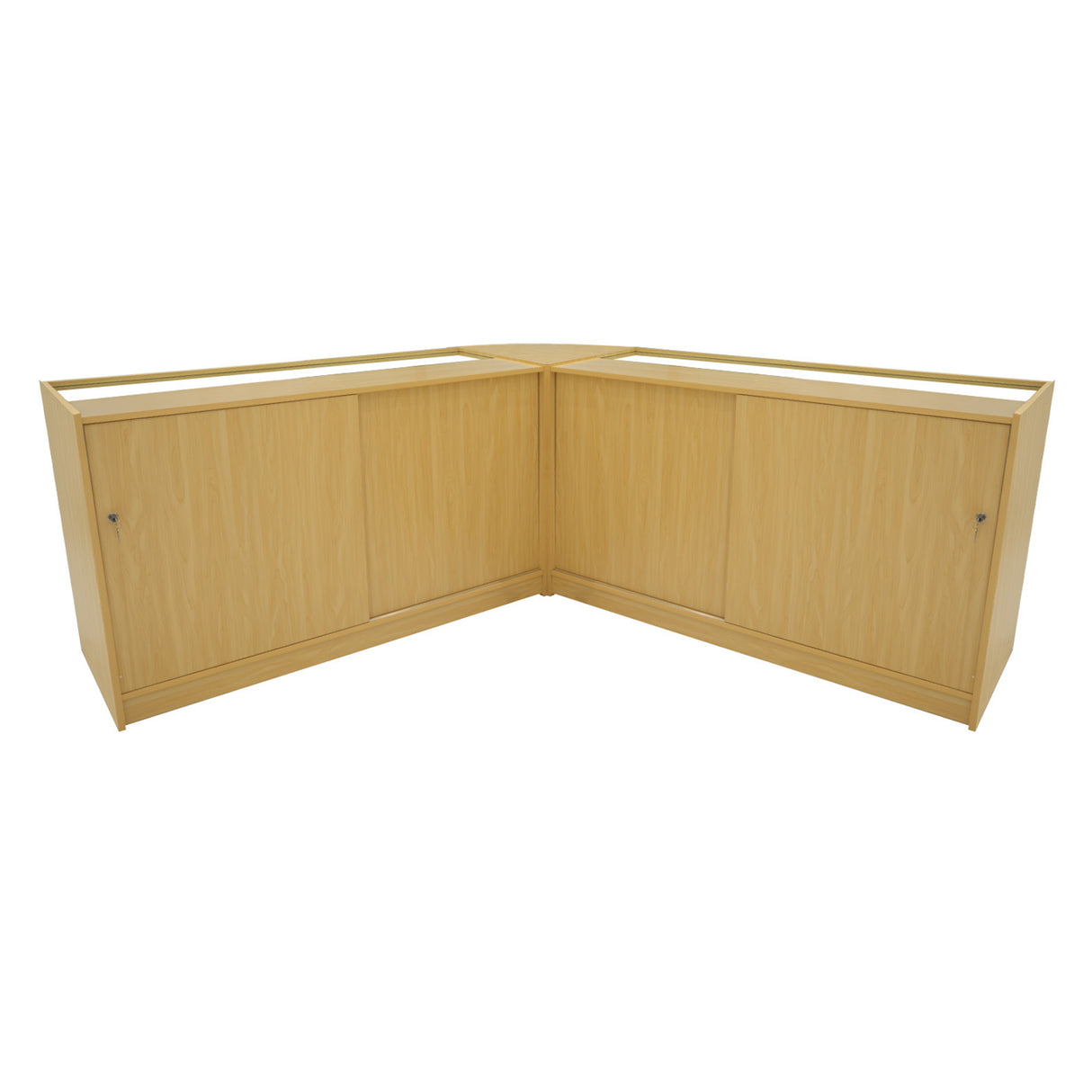 Eckverkaufstheke aus hellem Ahornholz mit glatter Oberfläche, zwei geschlossenen Fächern und einem modernen, minimalistischen Design