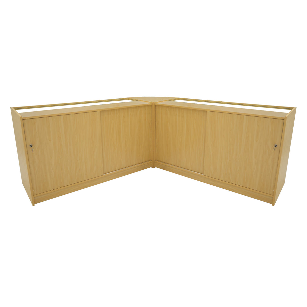 Eckverkaufstheke aus hellem Ahornholz mit glatter Oberfläche, zwei Schubladen und abgerundeten Kanten, ideal für Verkaufsräume und Ausstellungen