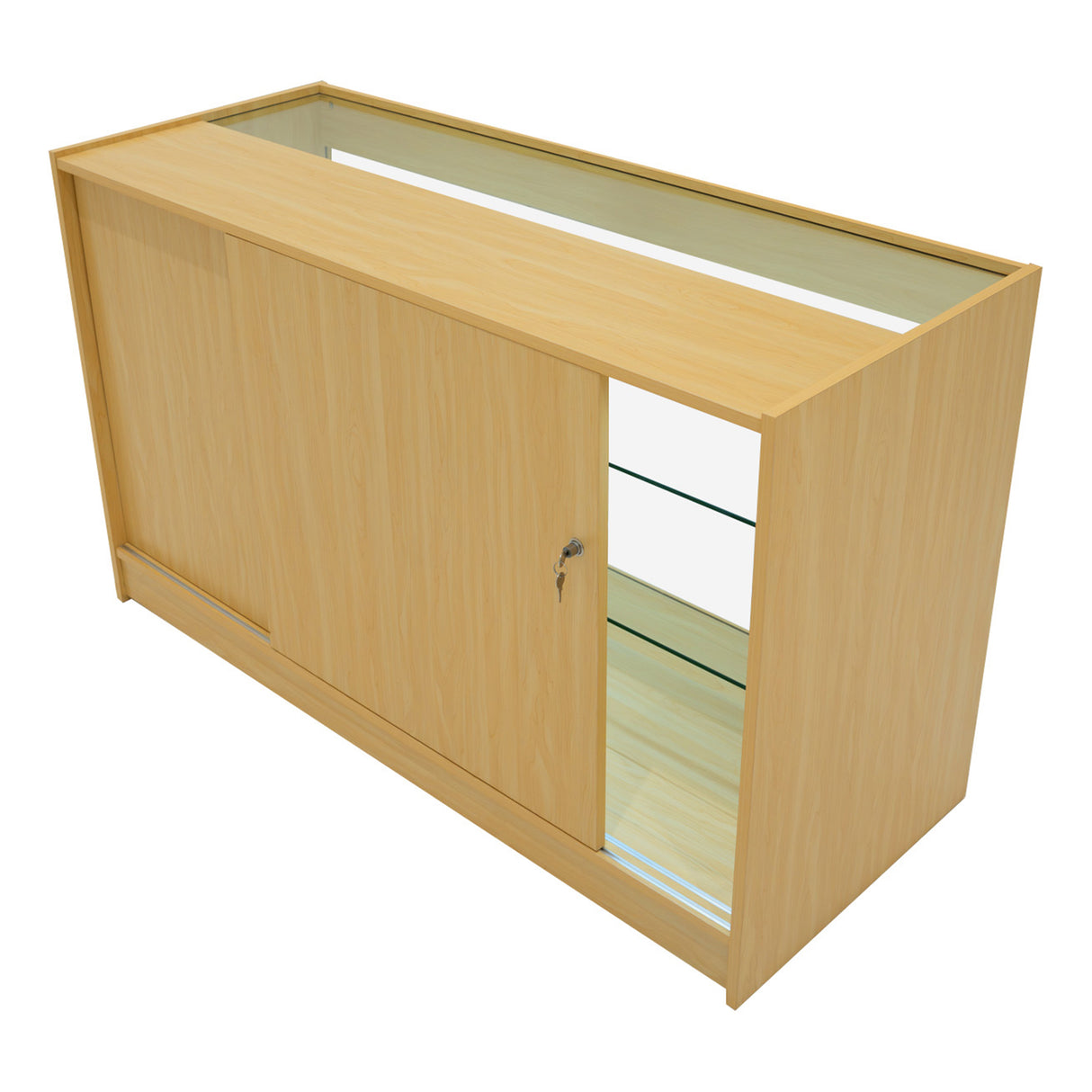 Verkaufstheke aus hellem Ahornholz mit Glastüren, eleganter, moderner Form und praktischen Ablageflächen für Produkte und Präsentationen