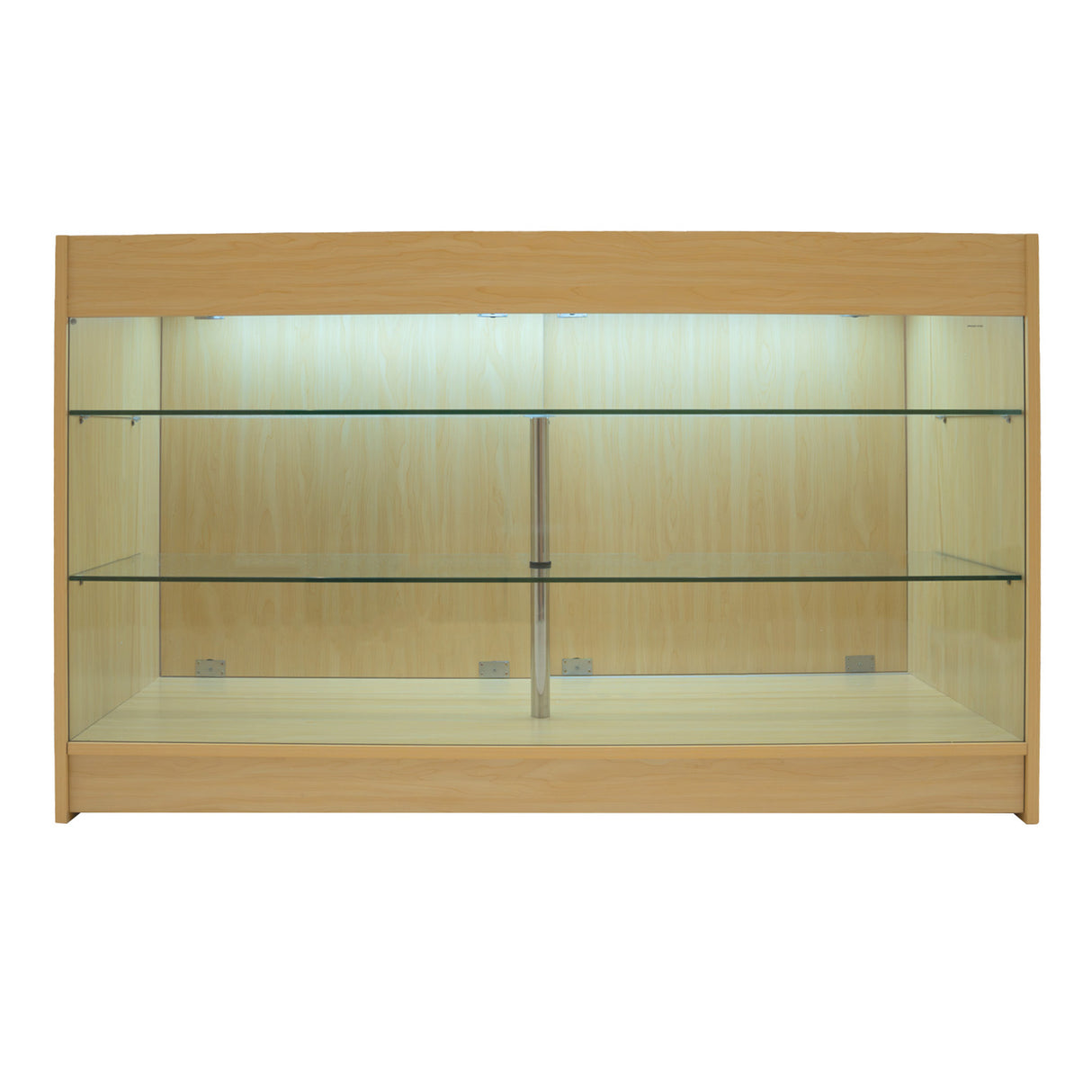 Verkaufstheke aus hellem Ahornholz mit zwei Glasregalen, sanfter LED-Beleuchtung und modernem, minimalistischen Design für ansprechende Produktpräsentation
