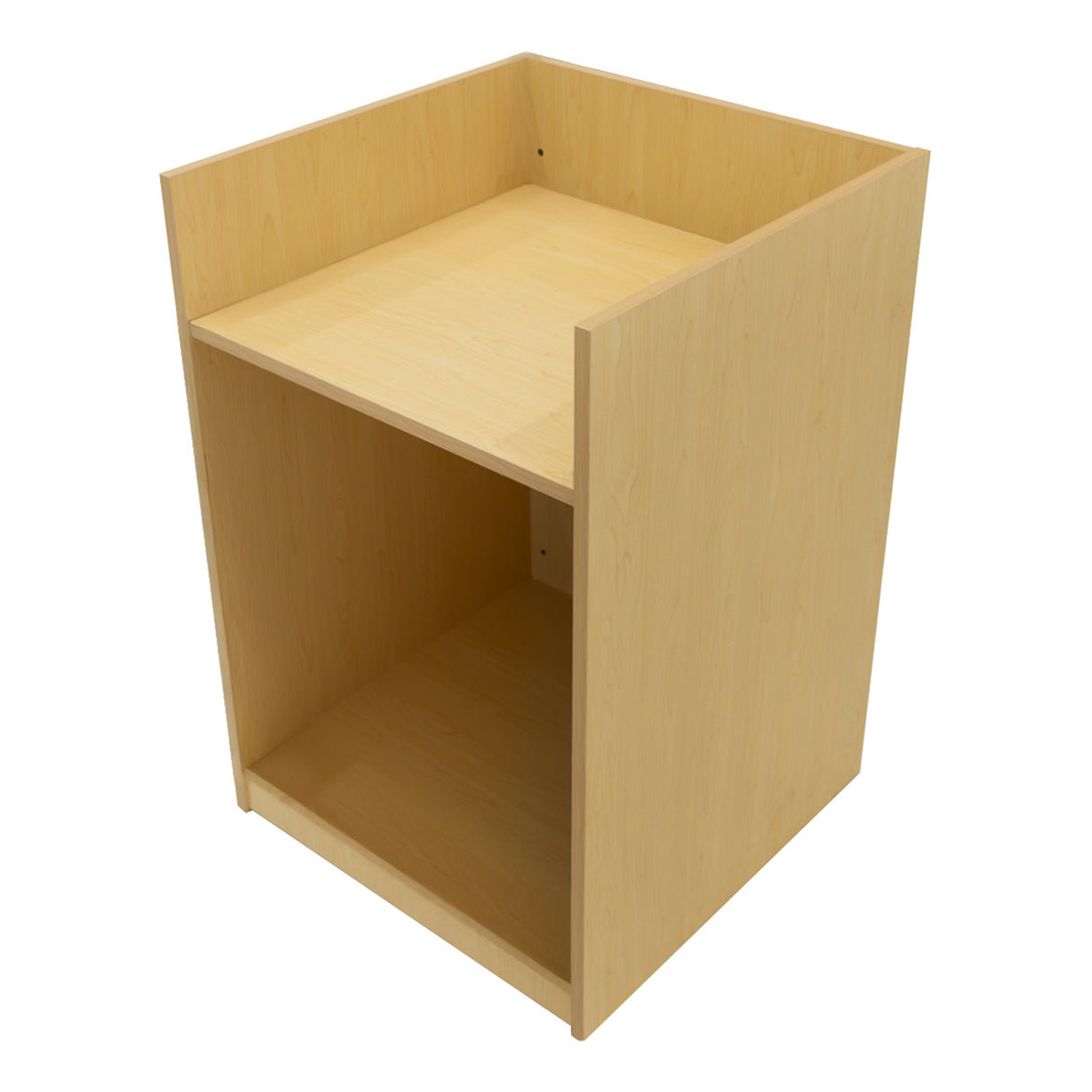 Verkaufstheke aus hellem Ahornholz, rechteckige Form, offene Ablagefläche oben, darunter ein zusätzlicher Stauraum, glatte Oberfläche und moderne Optik
