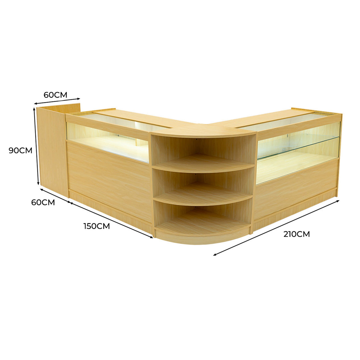 Elegantes Verkaufstheken-Set in Ahornoptik, mit abgerundeten Kanten, integrierter Beleuchtung und offenen Regalen für optimale Präsentation und Stauraum