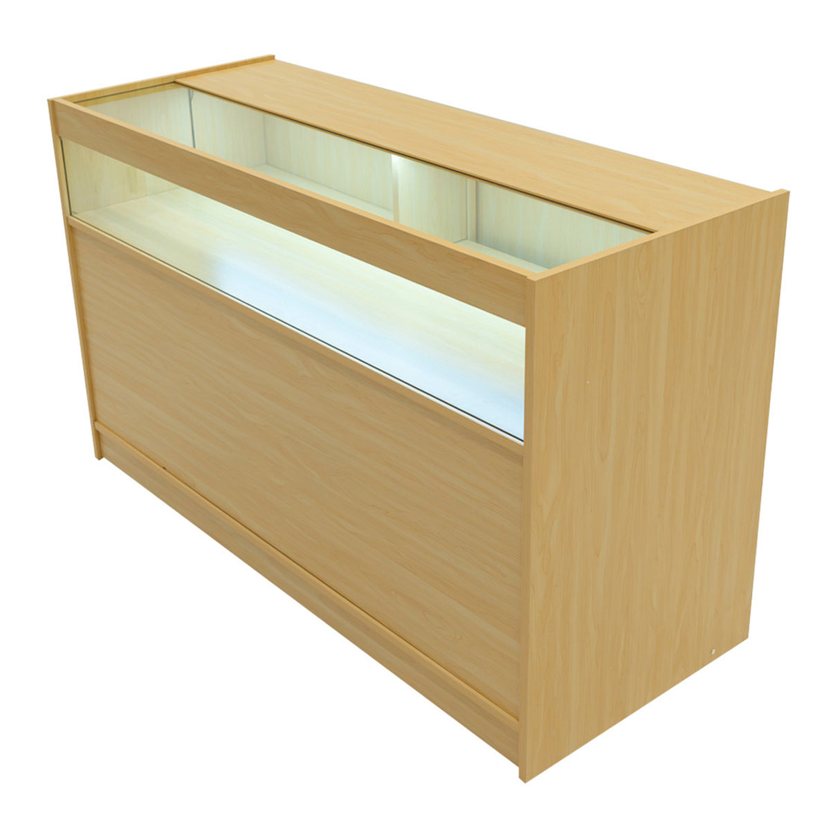 Verkaufstheke aus hellem Ahornholz mit LED-Beleuchtung, glatter Oberfläche und modernem Design, ideal für Einzelhandelsgeschäfte und Ausstellungen