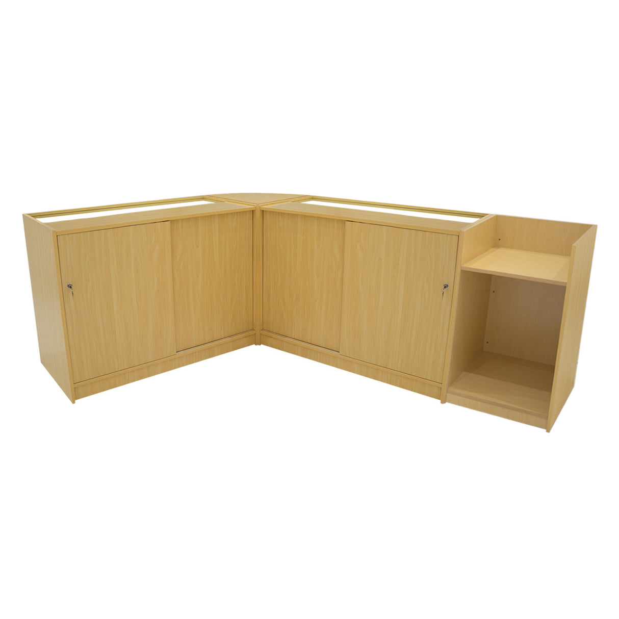 Eckiges Verkaufstheken-Set in hellem Ahornholz mit zwei geschlossenen Schränken und einem offenen Regal, ideal für Verkaufsräume und Ausstellungen