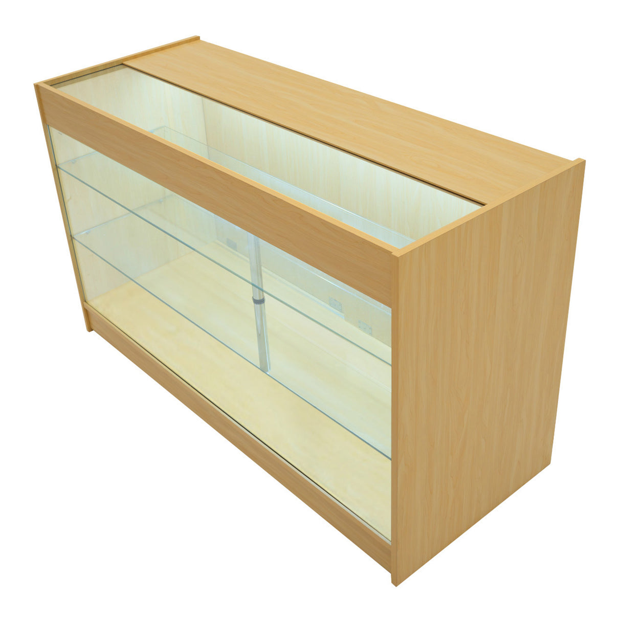 Verkaufstheke aus Ahorn mit Glasfront, beleuchtet, bietet großzügigen Stauraum und moderne, elegante Gestaltung für Einzelhandelsumgebungen