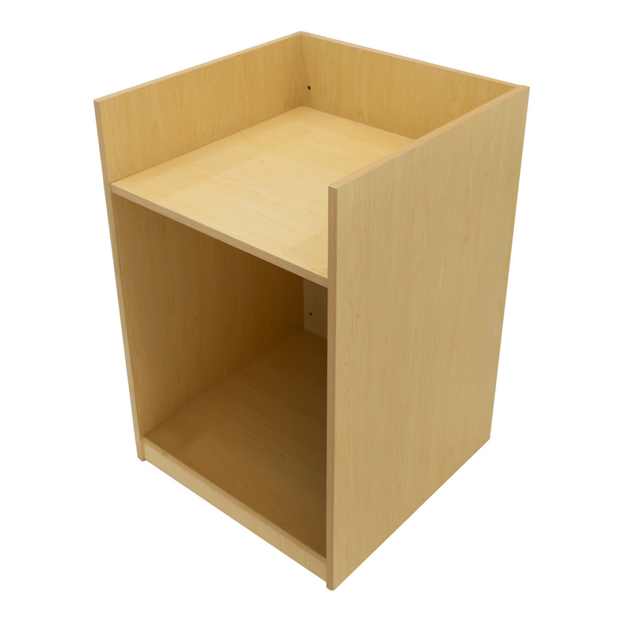Verkaufstheke aus hellem Ahornholz mit zwei offenen Fächern, glatter Oberfläche und minimalistischer, moderner Form, ideal für den Einzelhandel