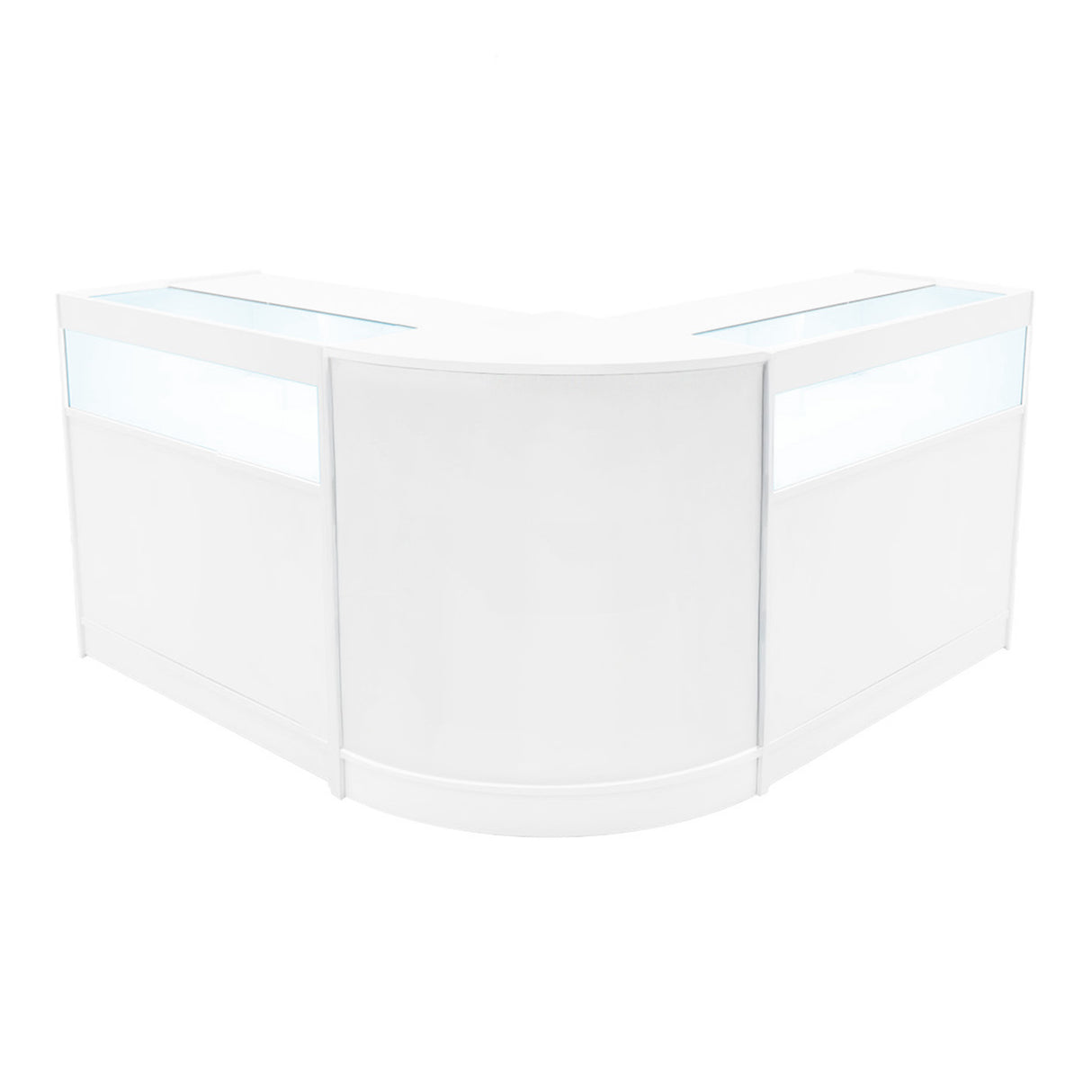 Elegantes Verkaufstheken-Set in Weiß, bestehend aus zwei L-förmigen Modulen mit transparenten Glasflächen und glatten Oberflächen für modernen Einzelhandel