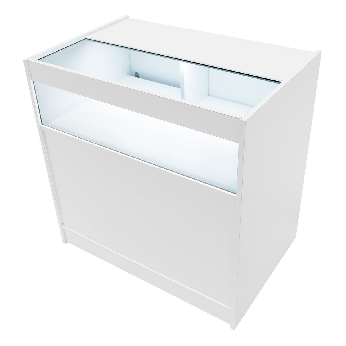 Weißes Verkaufstheken-Set mit Glasoberfläche, modernem Design und integrierter LED-Beleuchtung, ideal für Verkaufsräume und Ausstellungen