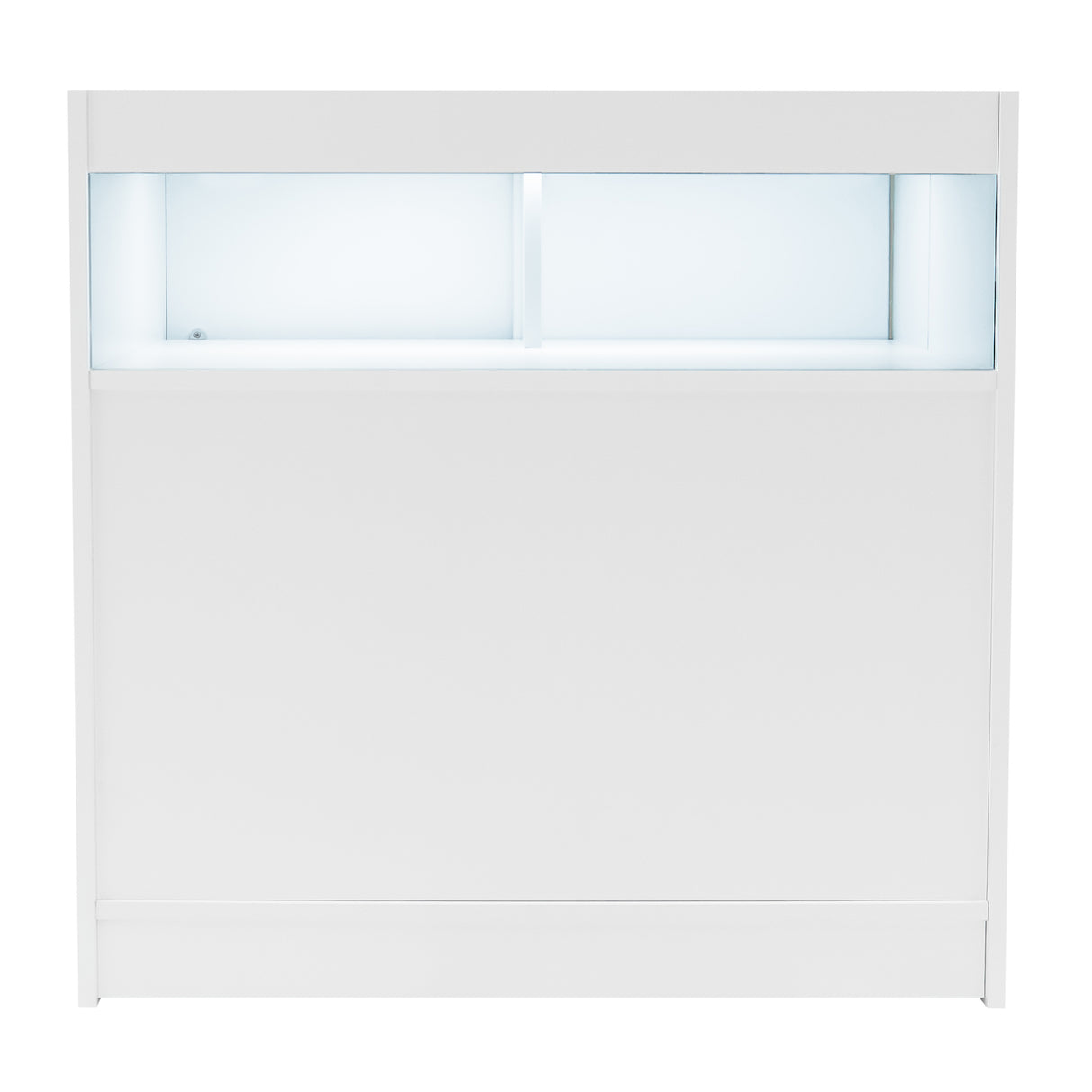 Weißes Verkaufstheken-Set mit LED-Beleuchtung, modernem Design und glatter Oberfläche, ideal für Verkaufsräume und Ausstellungen