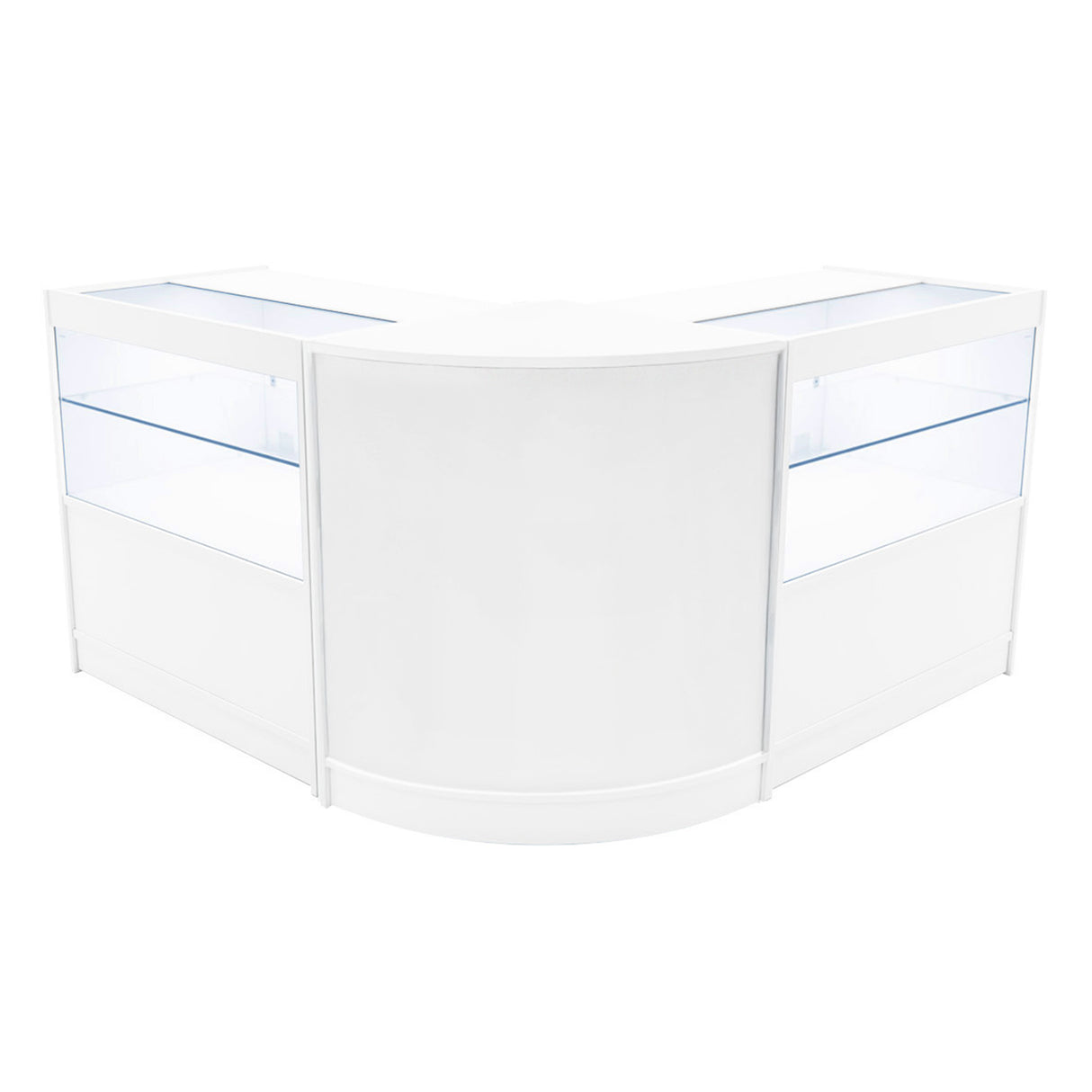 Elegantes, weißes LED Verkaufstheken-Set mit zwei Vitrinen, abgerundeten Kanten und transparenten Glasflächen für optimale Produktpräsentation