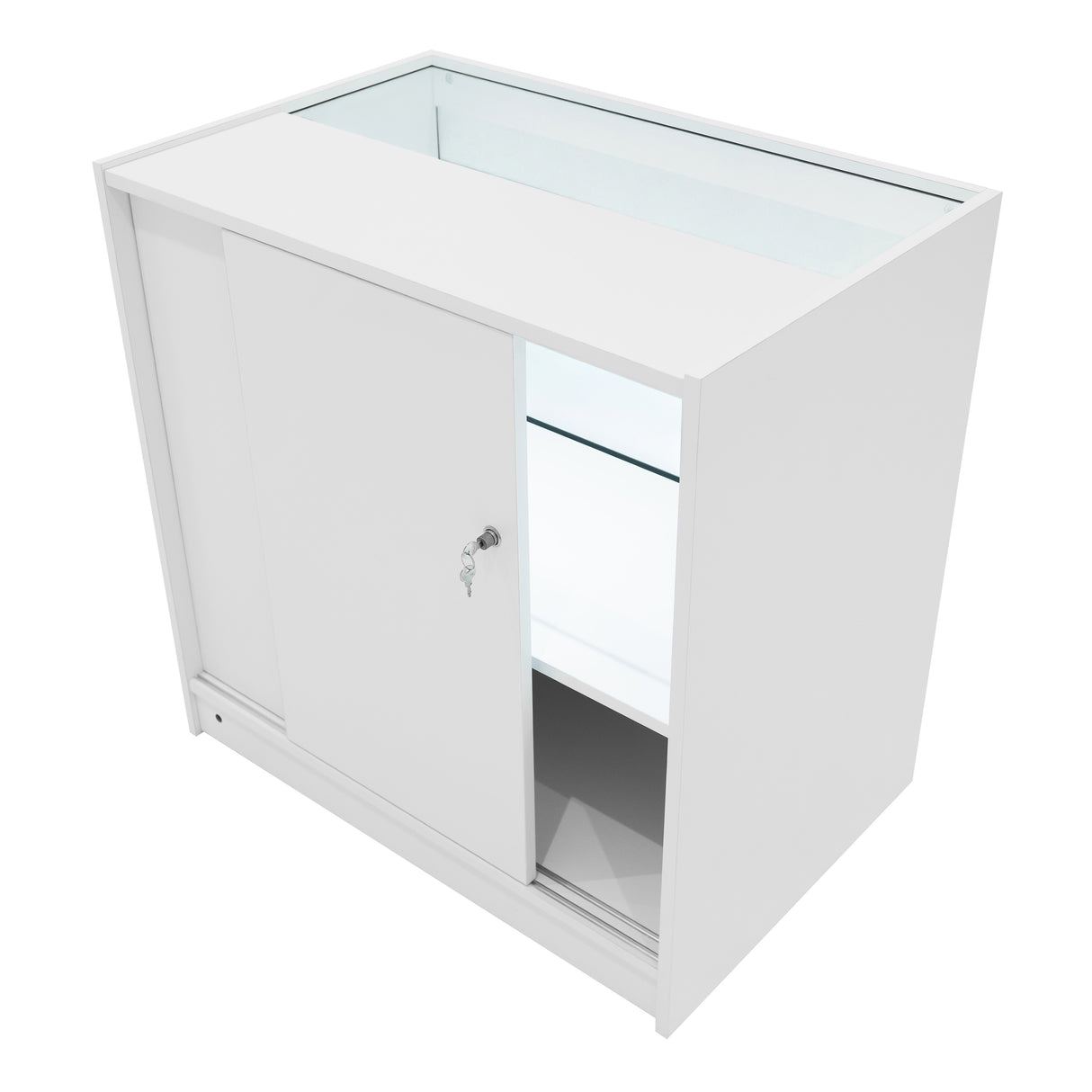 Weißes LED Verkaufstheken-Set mit Glasoberfläche, Schiebetüren und beleuchtetem Innenraum, ideal für ansprechende Produktpräsentationen